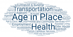 Top keywords from stakeholder feedback include age in place, transportation and health