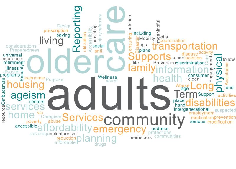 Graphic including words like older, care, adults, community, supports, services, and transportation.