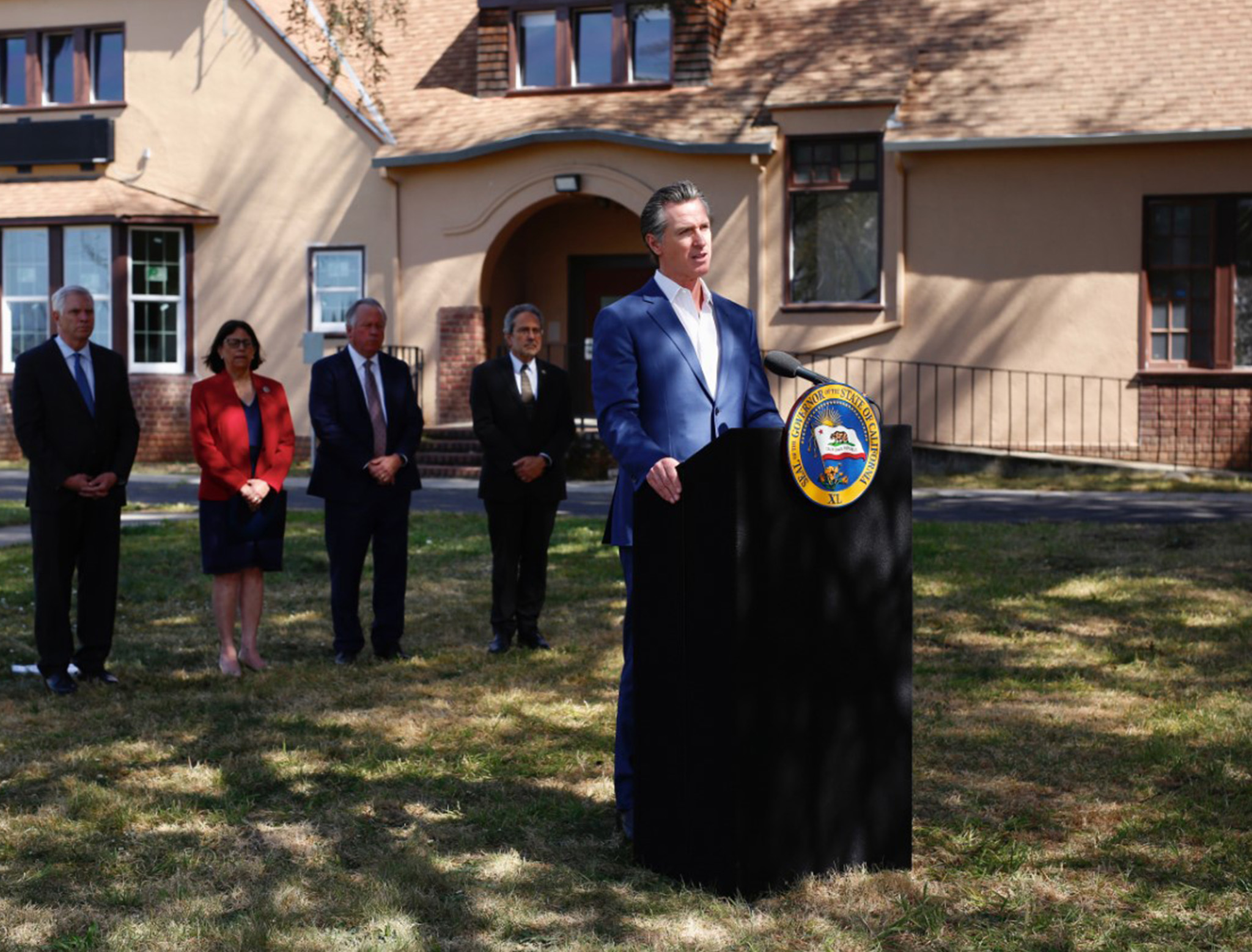 Governor Newsom speaking at a press conference in Napa about the CARE Court proposal following a roundtable with stakeholders.