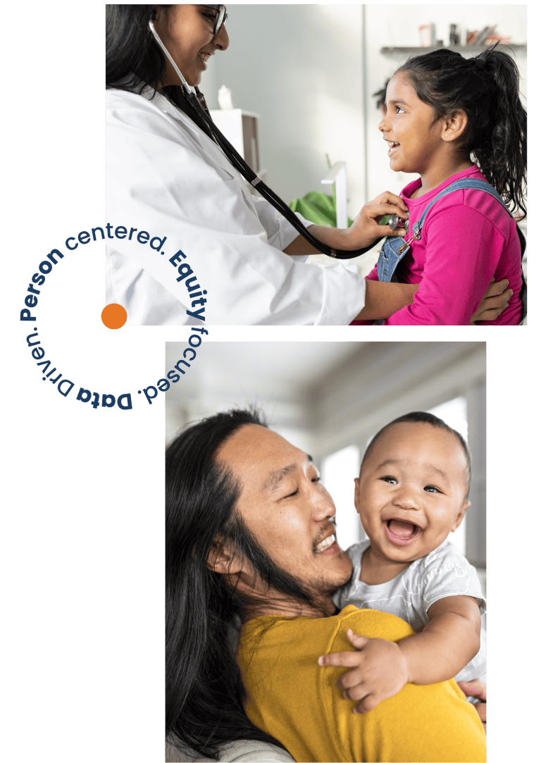 Person centered, Equity focused, data driven. Images of child with doctor getting a check up and image of a father holding a baby.