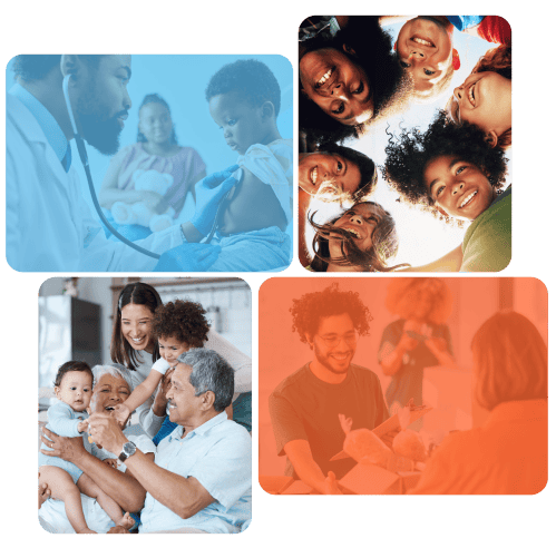 Collage of photos showing a Doctor and child, group of children, multigenerational family and a group of volunteers passing out food